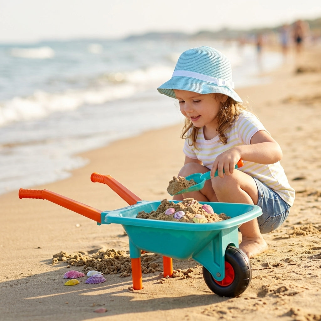 Igračka baštenska kolica na peščanoj plaži tokom igre sa peskom