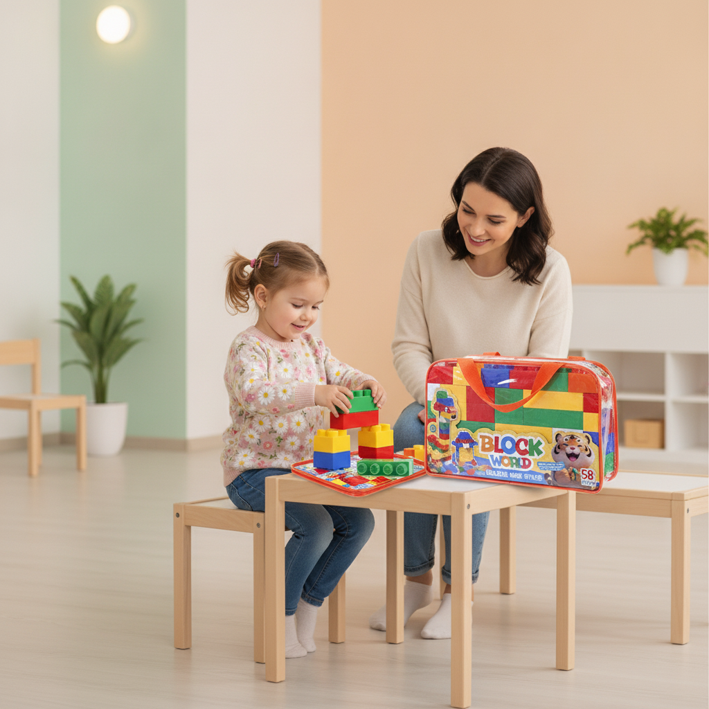 Kocke u tašnici na dečijem stolu u čekaonici doma zdravlja