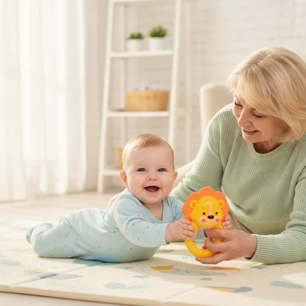 Zvečka lav koju beba na prostirci za igru posmatra i hvata dok baka sedi pored nje