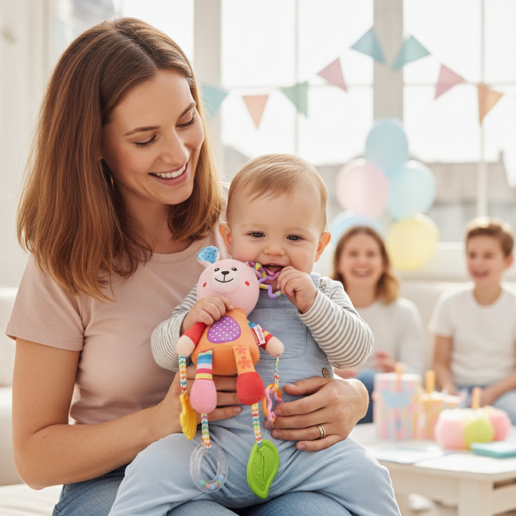 Zvečka u rukama šestomesečne bebe koja sedi u krilu na porodičnom rođendanu