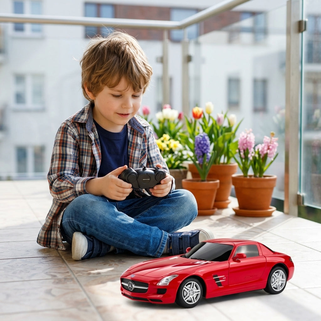 Auto na daljinski Mercedes-Benz SLS AMG 1:24 dok ga dečak vozi po podu prostrane terase