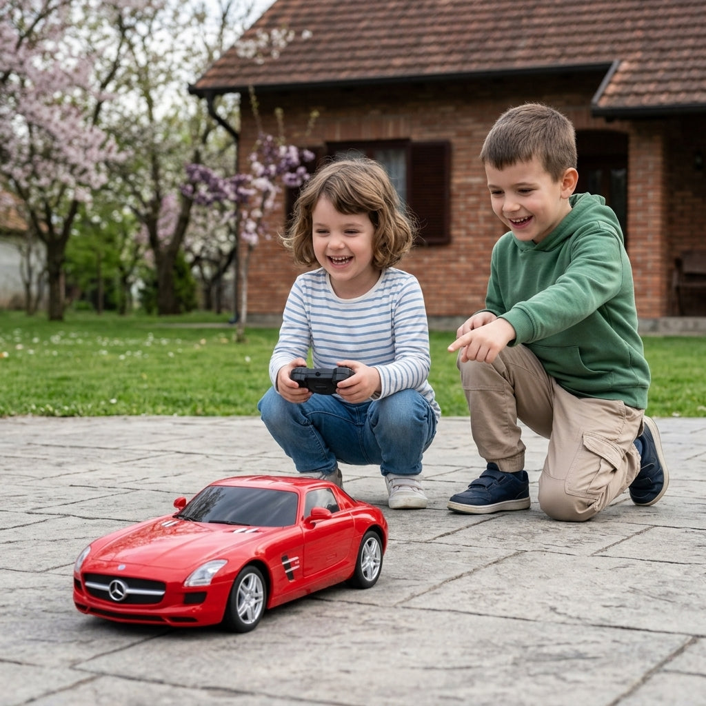 Auto na daljinski Mercedes-Benz SLS AMG 1:24 u vožnji po popločanom dvorištu porodične kuće