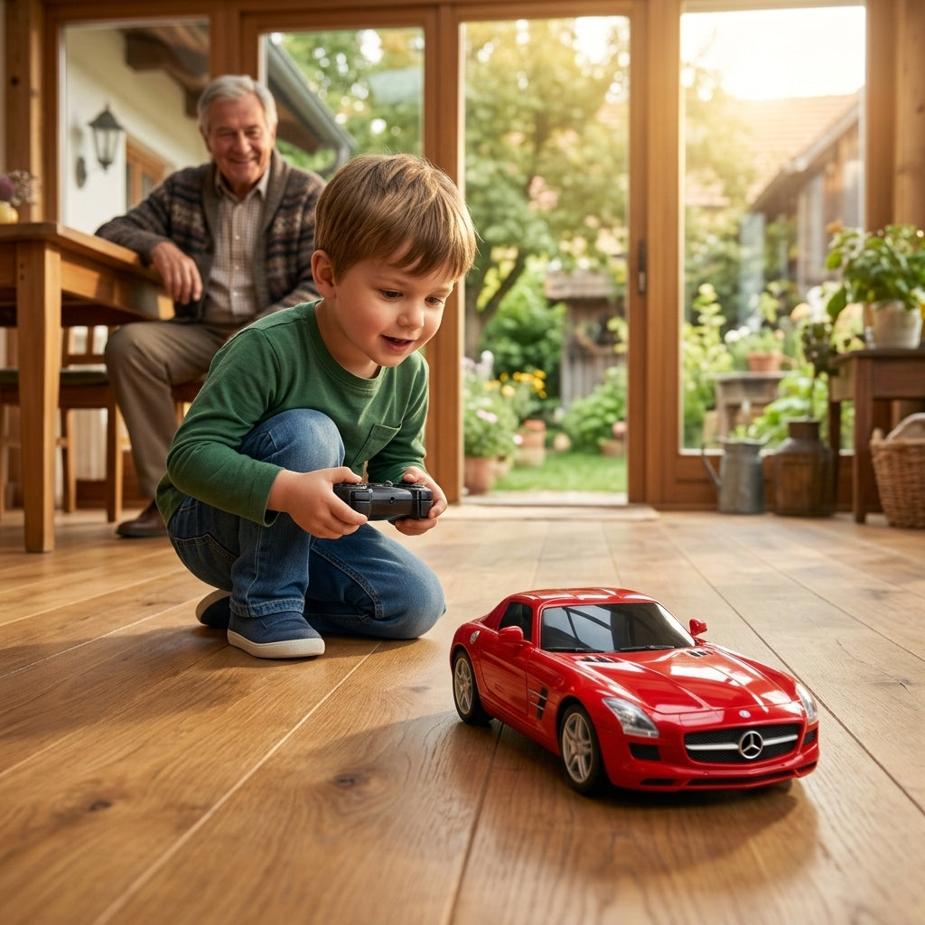 Auto na daljinski Mercedes-Benz SLS AMG 1:24 na drvenom podu verande seoske kuće