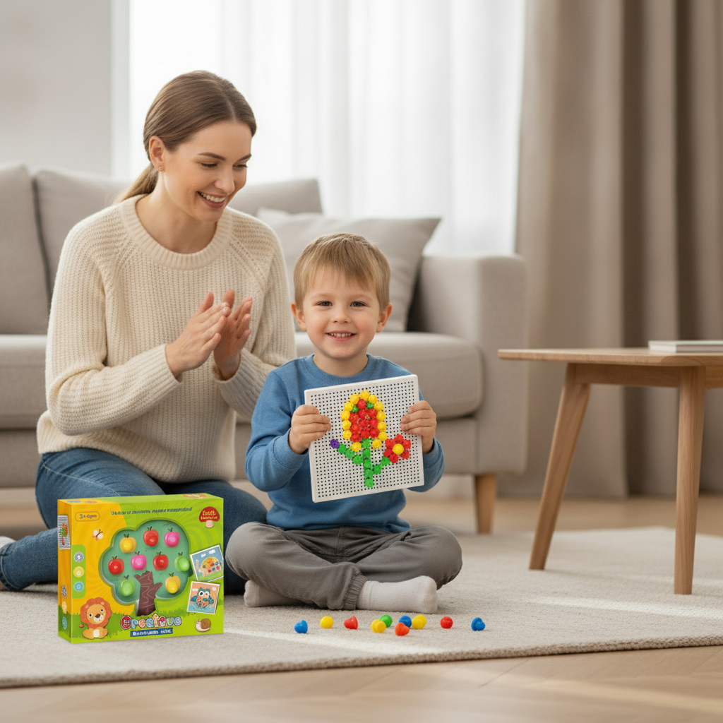 Bockalice set sa složenim motivom jabuke koji dečak pokazuje mami na podu dnevne sobe