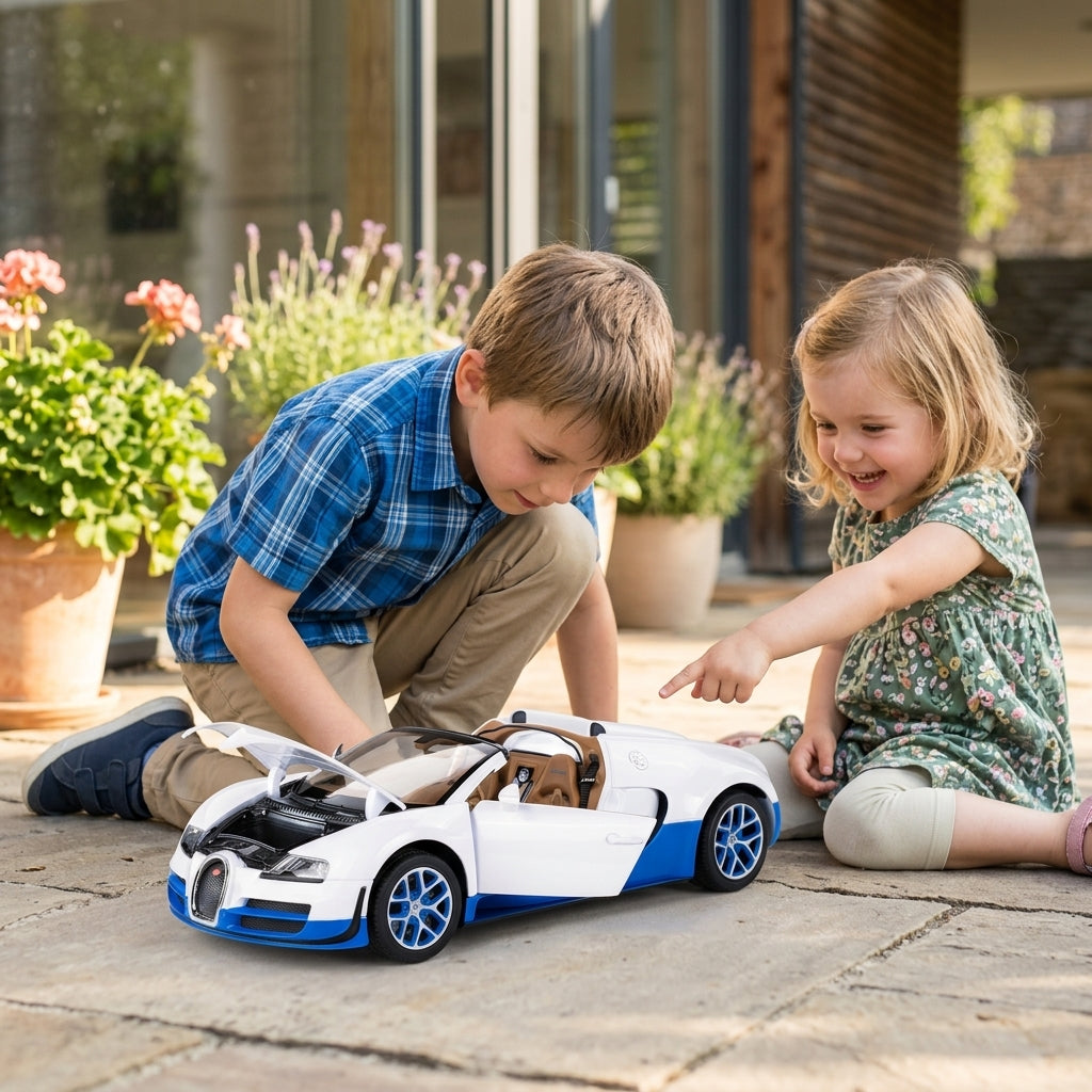 Metalni autić Bugatti Grand Sport 1:18 na kamenoj terasi tokom dečje igre