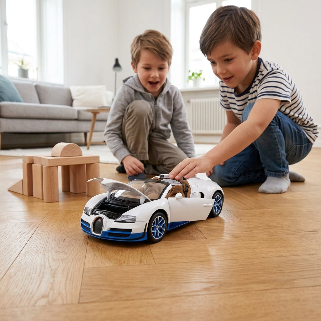 Metalni autić Bugatti Grand Sport 1:18 u vožnji po parketu u dečjoj sobi