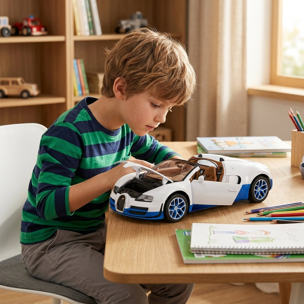 Metalni autić Bugatti Grand Sport 1:18 sa otvorenim vratima na radnom stolu