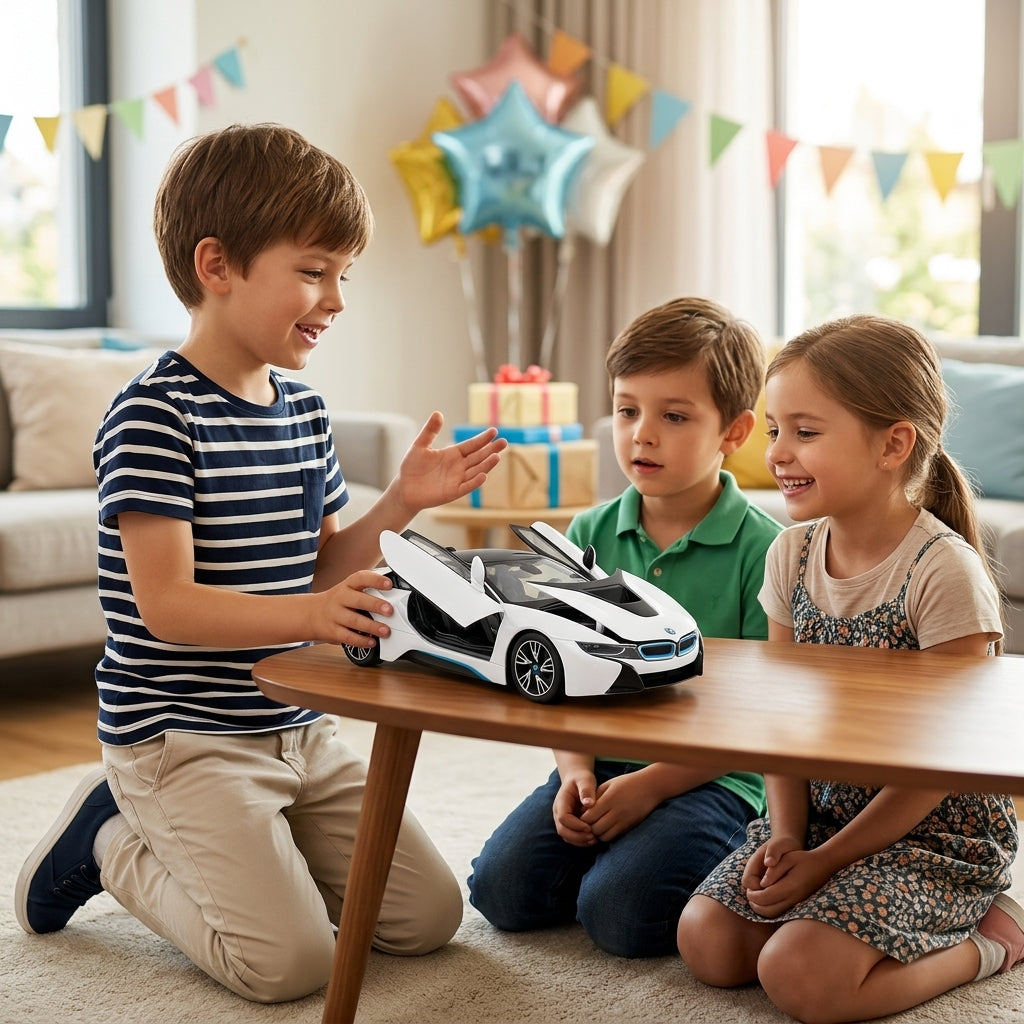 Metalni autić BMW i8 1:24 sa otvorenim krilnim vratima na stočiću tokom dečijeg rođendana