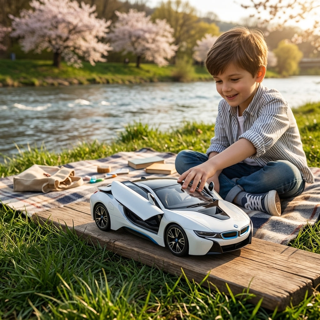 Metalni autić BMW i8 1:24 na piknik ćebetu pored reke u prirodi tokom prolećnog dana