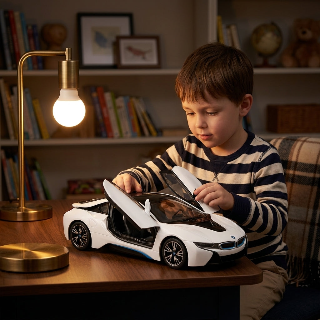 Metalni autić BMW i8 1:24 na dečijem radnom stolu pod toplom lampom u večernjoj igri