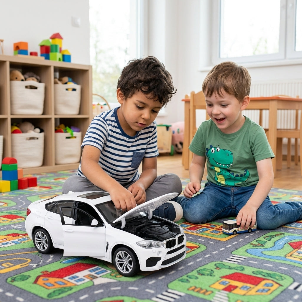 Metalni autić BMW X6 M 1:24 na tepihu sa ulicama u dečijem boravku