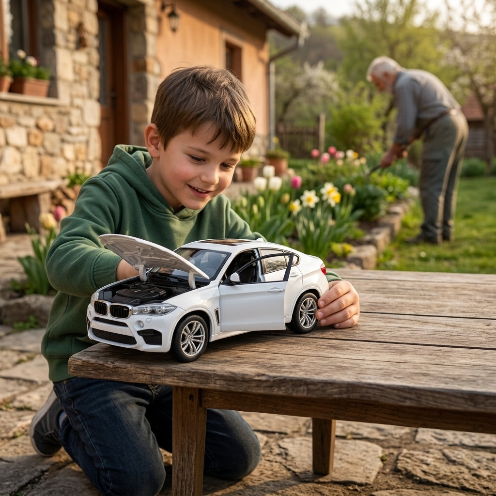 Metalni autić BMW X6 M 1:24 na drvenom stolu u dvorištu na selu