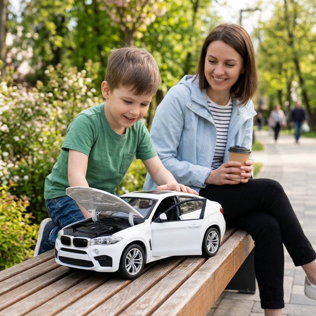 Metalni autić BMW X6 M 1:24 na parkovskoj klupi tokom prolećnog dana