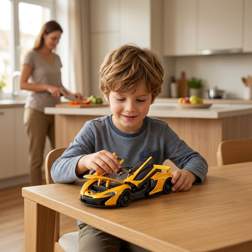Metalni autić McLaren P1 žuti na trpezarijskom stolu u modernom stanu