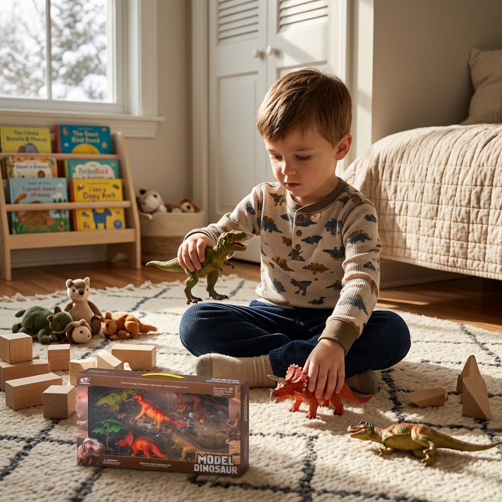 Set figura dinosaurusa na tepihu u dečijoj sobi gde se dečak sam igra