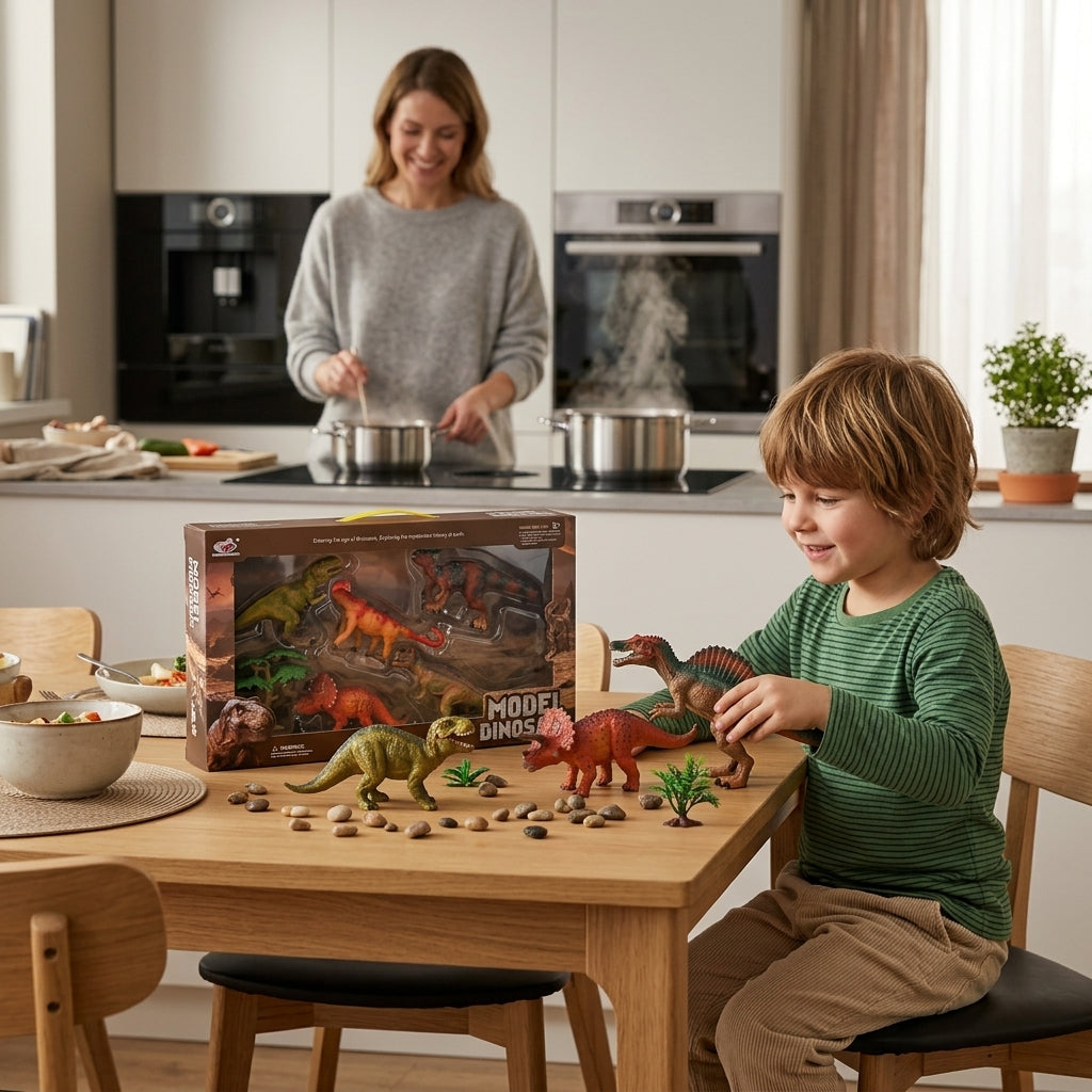 Set figura dinosaurusa na trpezarijskom stolu tokom igre u kuhinji