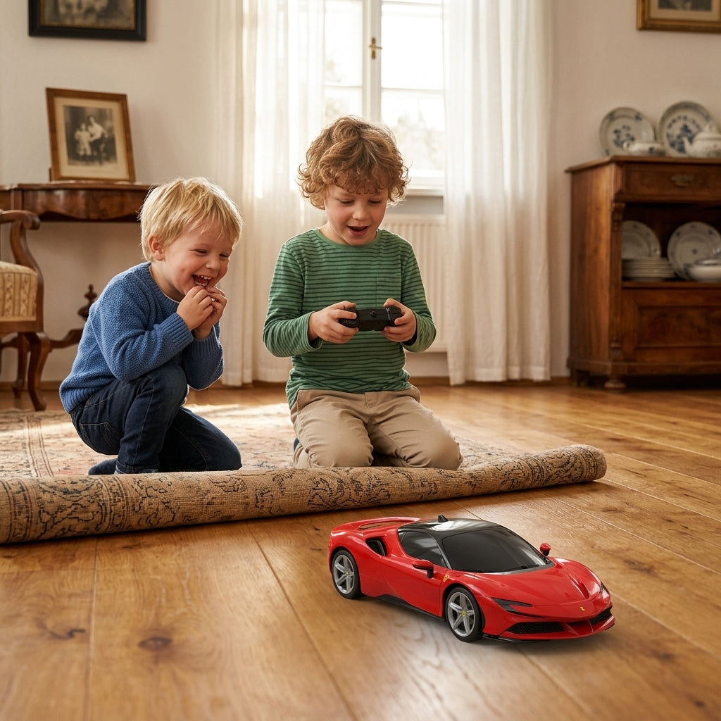 Auto na daljinski Ferrari SF90 Stradale 1:24 u igri rođaka na drvenom podu