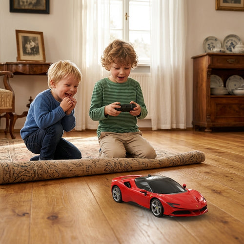 Auto na daljinski Ferrari SF90 Stradale 1:24 u igri rođaka na drvenom podu