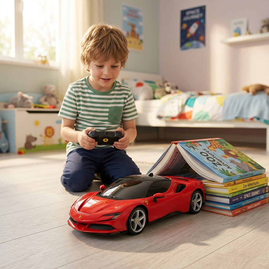 Auto na daljinski Ferrari SF90 Stradale 1:24 u dečijoj sobi pored knjiga