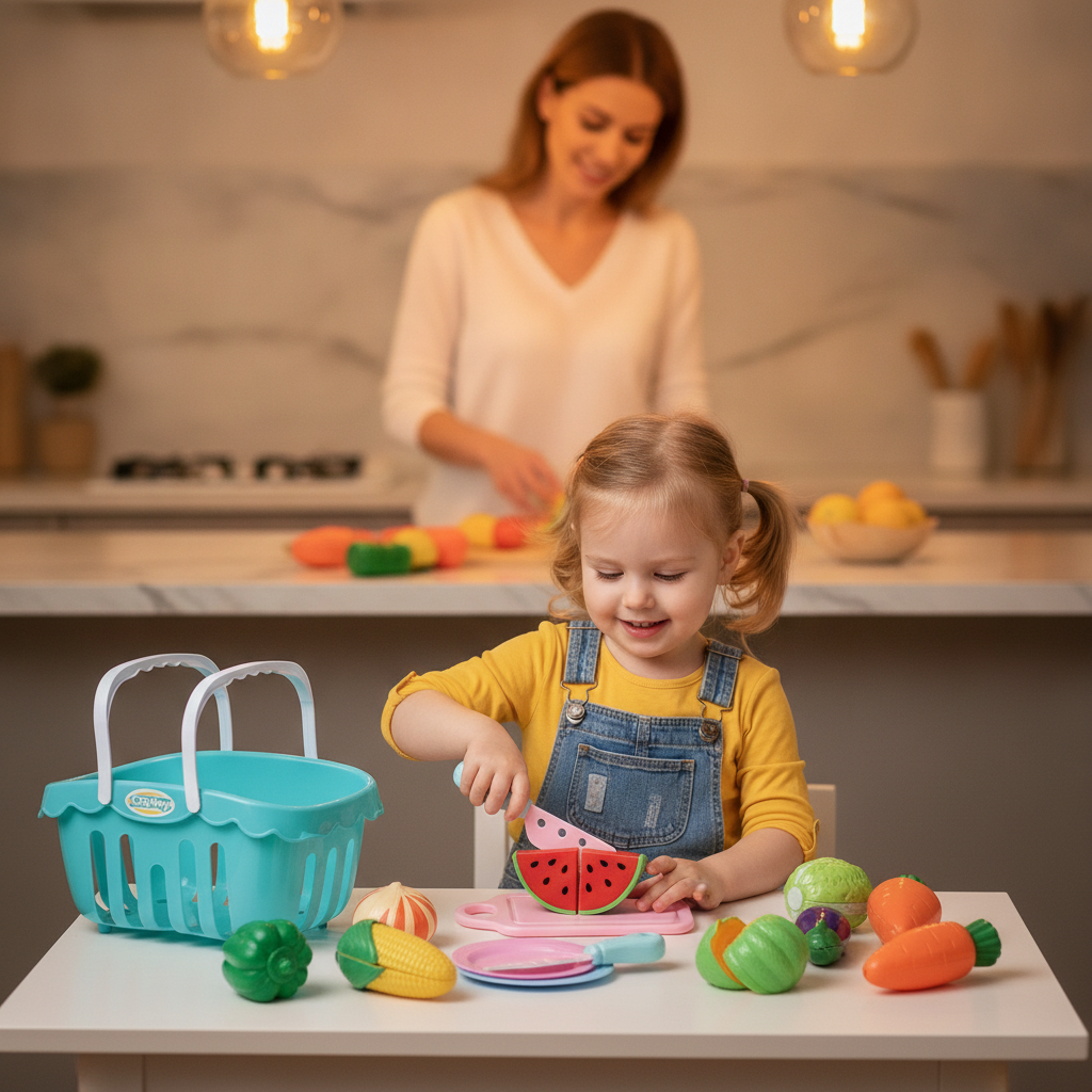 Igračka povrće set – devojčica seče plastično povrće za stolom dok mama kuva