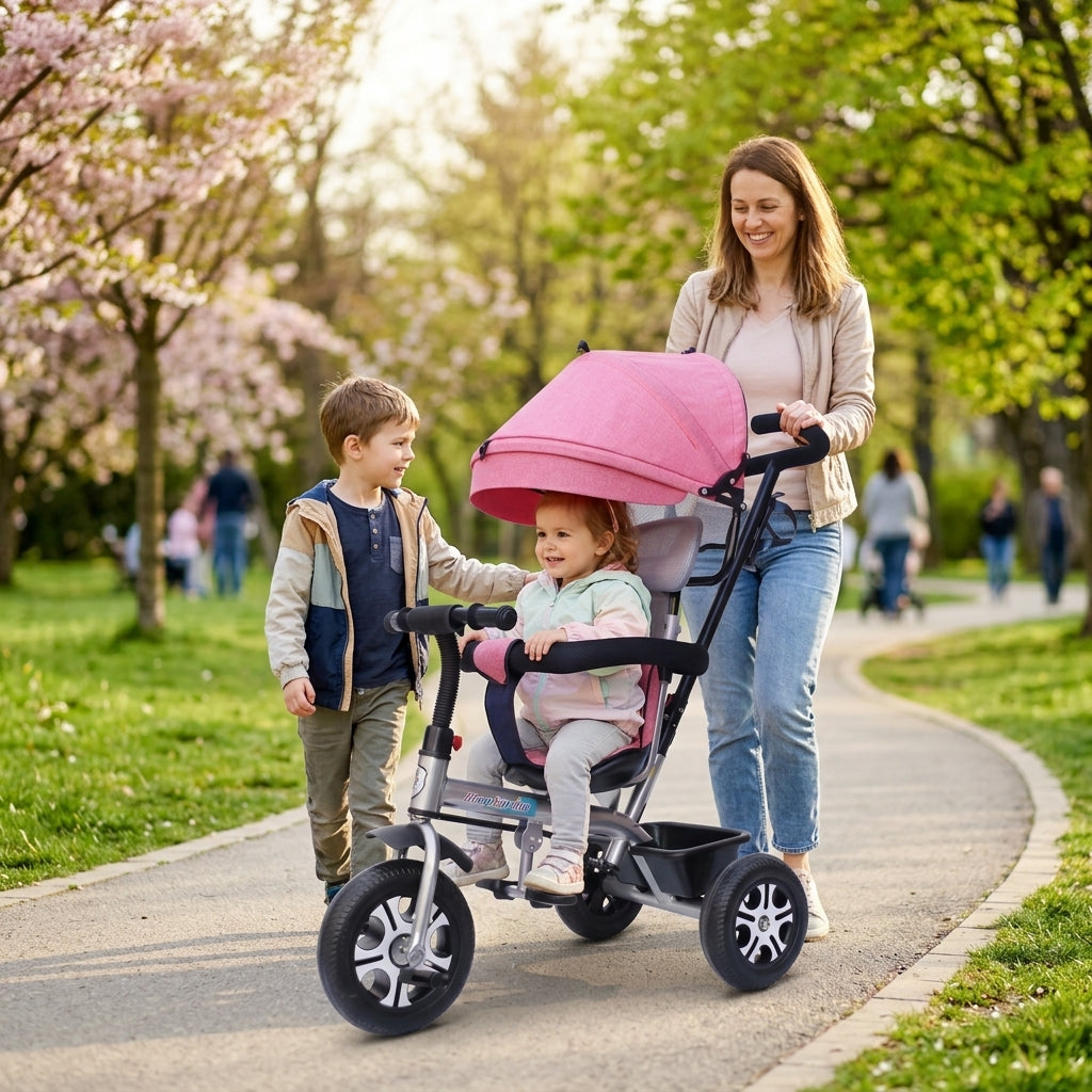 Tricikl sa roze tendom i ručkom za guranje tokom prolećne šetnje u parku sa mamom i bratom