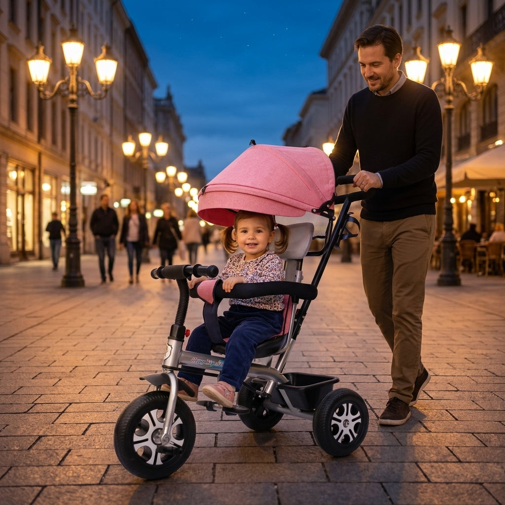 Tricikl sa roze sedištem i zaštitnom ogradicom tokom večernje šetnje na osvetljenom šetalištu