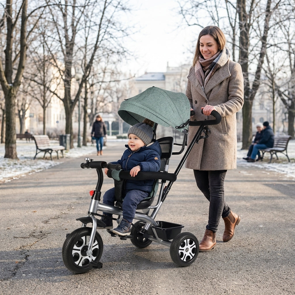 Tricikl do 20 kg u zimskoj šetnji parkom sa mamom i detetom