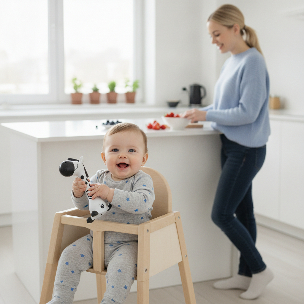Zvečka zebra u rukama sedmomesečne bebe u hranilici u kuhinji
