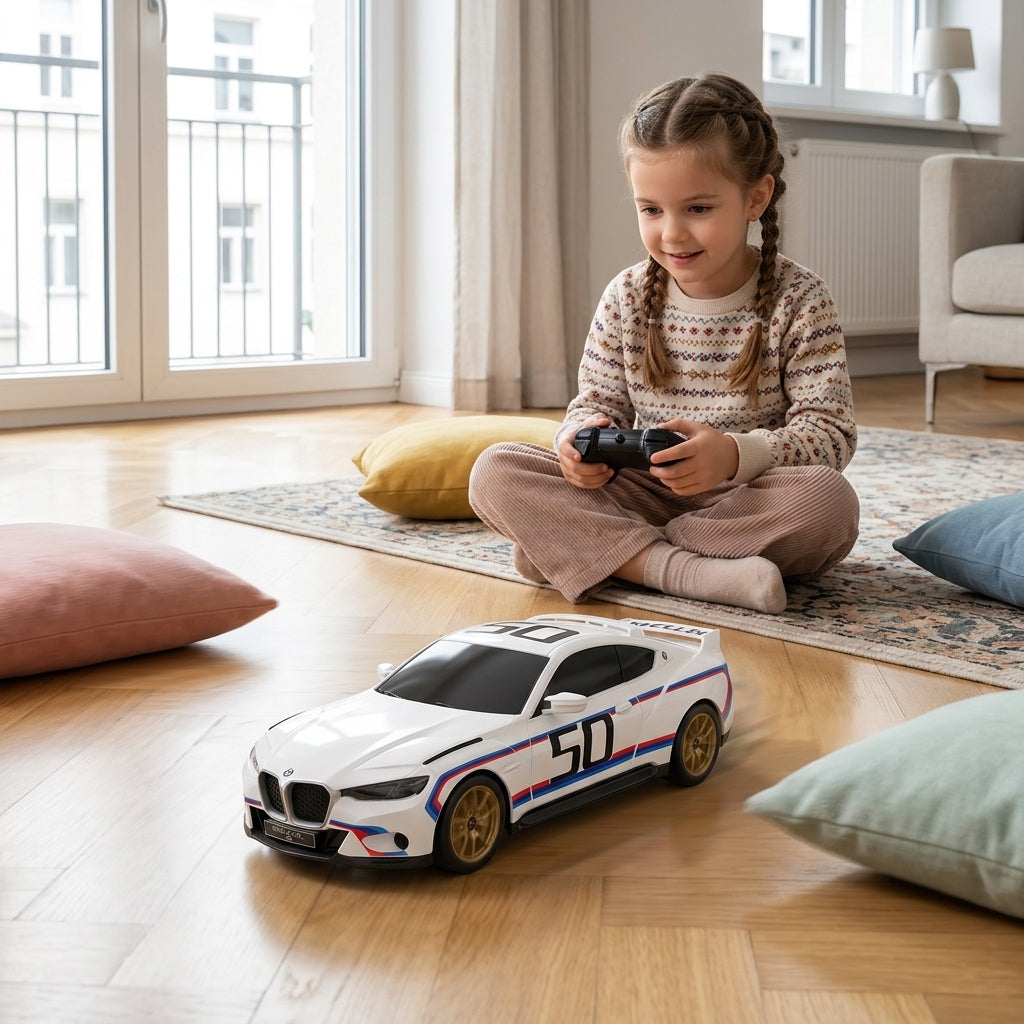 Auto na daljinski BMW 3.0 CSL 1:24 na parketu u dnevnoj sobi