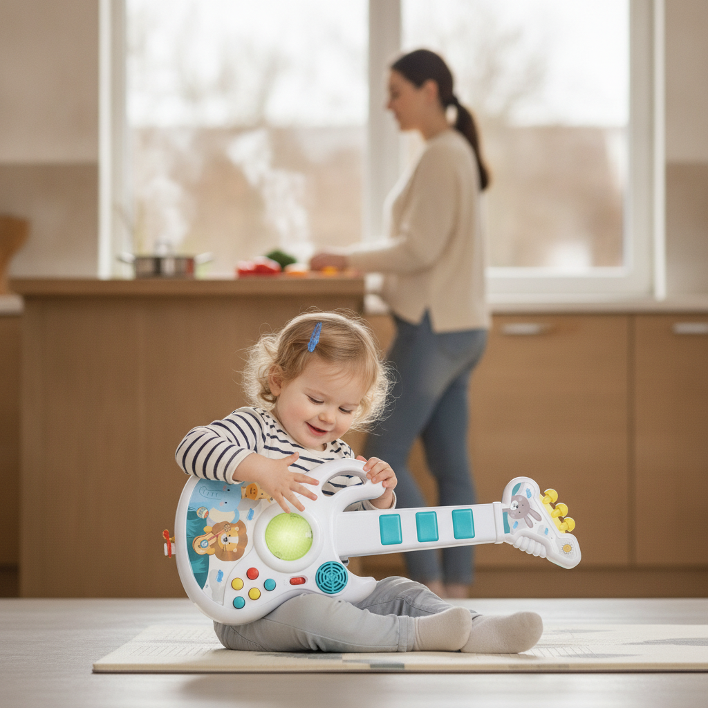 Muzička gitara koju devojčica istražuje na podu kuhinje