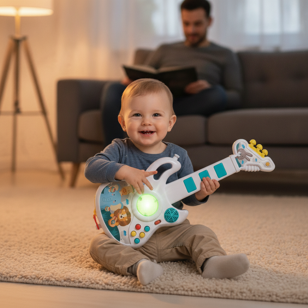 Muzička gitara u rukama deteta tokom večernje igre u dnevnoj sobi