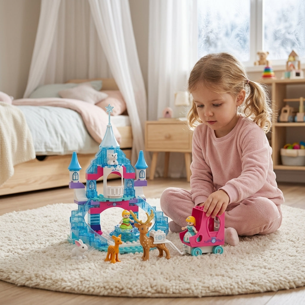 Kocke snežni dvorac sa princezom 86 delova na dečjem tepihu u sobi