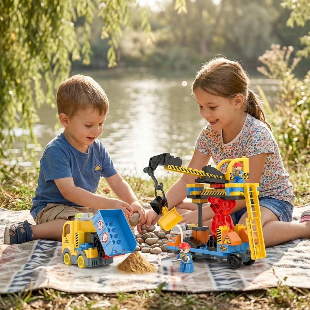 Kocke gradilište na piknik ćebetu kraj reke gde se brat i sestra igraju leti.