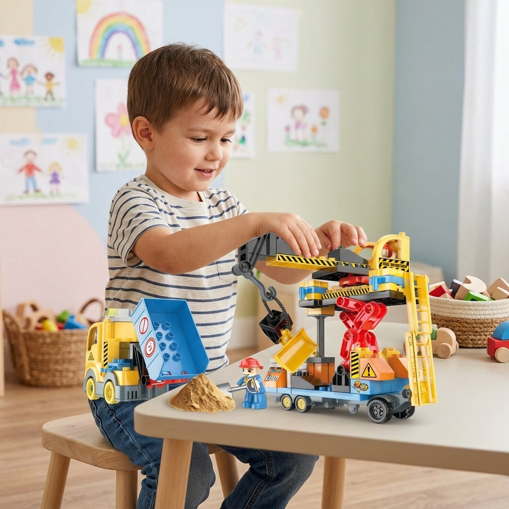 Kocke gradilište na dečijem stolu u čekaonici pedijatra dok se dečak zabavlja.