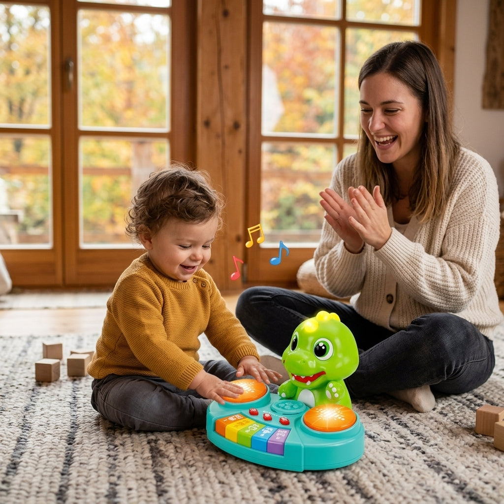 Interaktivni muzički dinosaurus klavir i bubnjevi na tepihu u vikendici tokom porodičnog vikenda