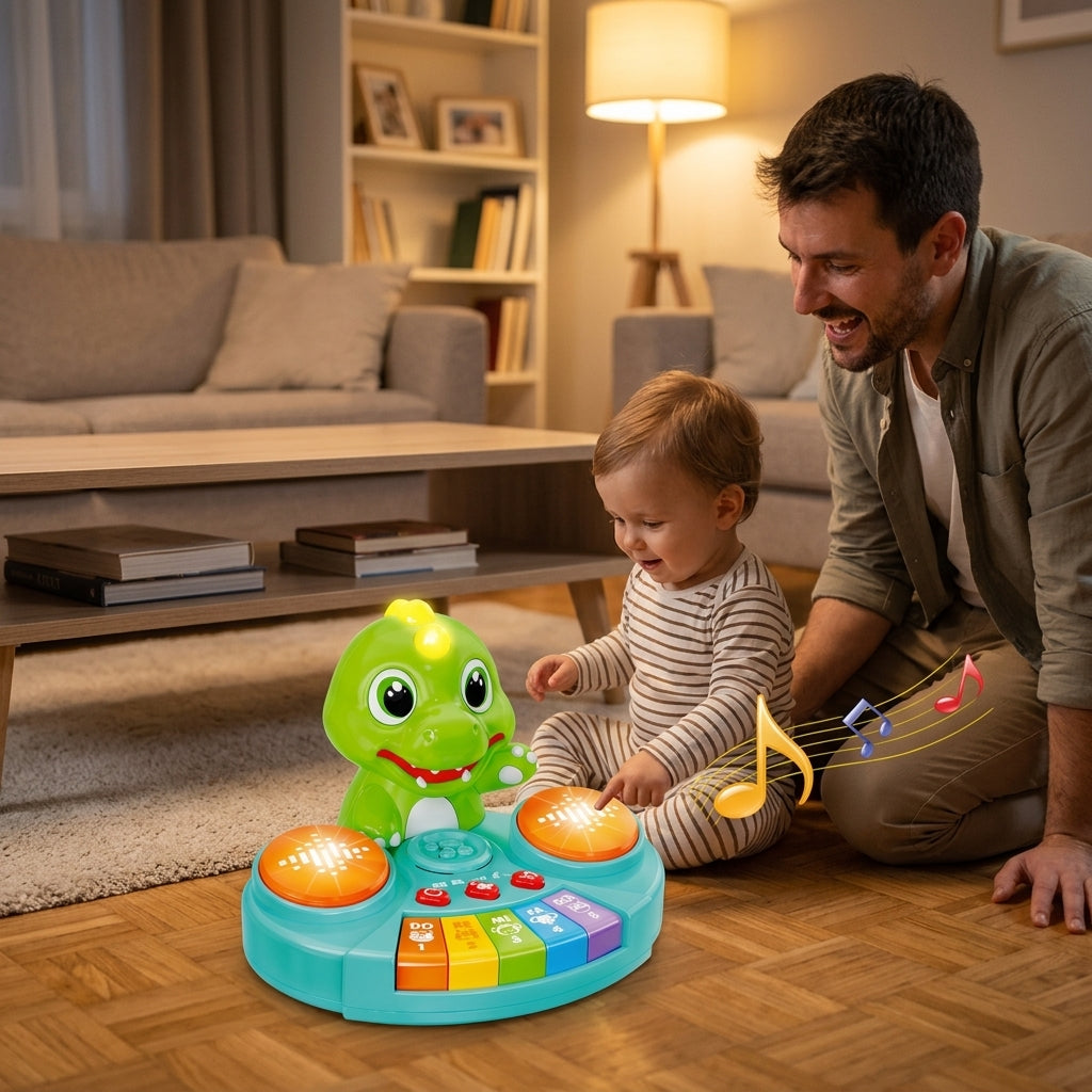 Interaktivni muzički dinosaurus klavir i bubnjevi tokom večernje igre u dnevnoj sobi