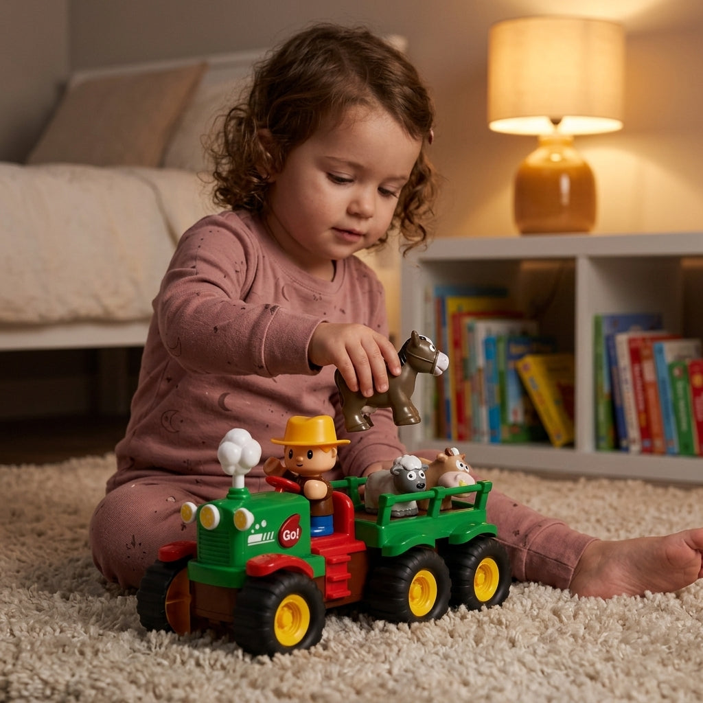 Veseli traktor sa farmerom na tepihu u dečijoj sobi pod toplom večernjom lampom