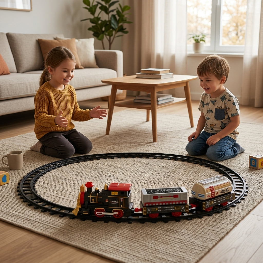 Voz sa ovalnom prugom 91 cm na podu tokom igre dvoje dece u dnevnoj sobi