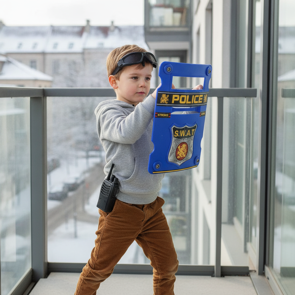 Dečja policijska oprema - dečak drži plavi policijski štit na terasi stana
