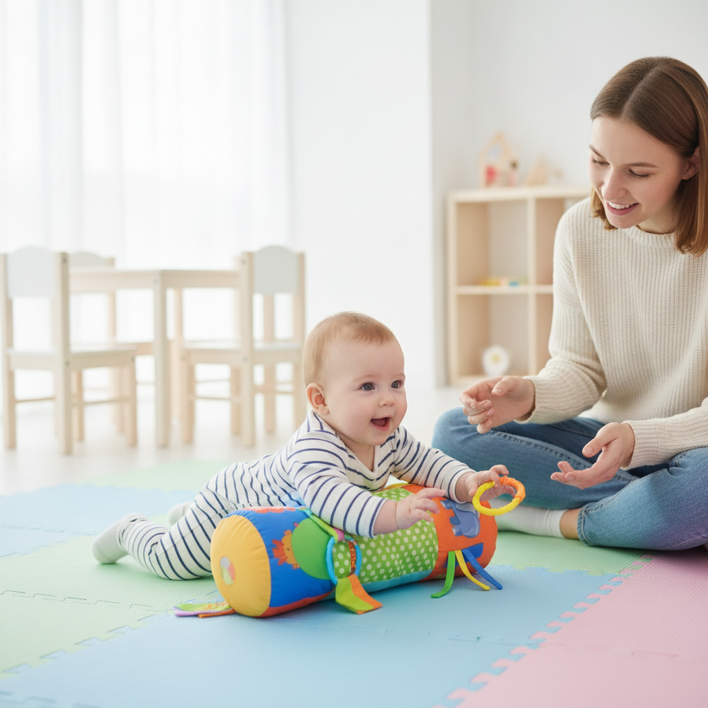 Jastuk za bebe u dečjem kutku kafića pruža potporu bebi dok istražuje igračke