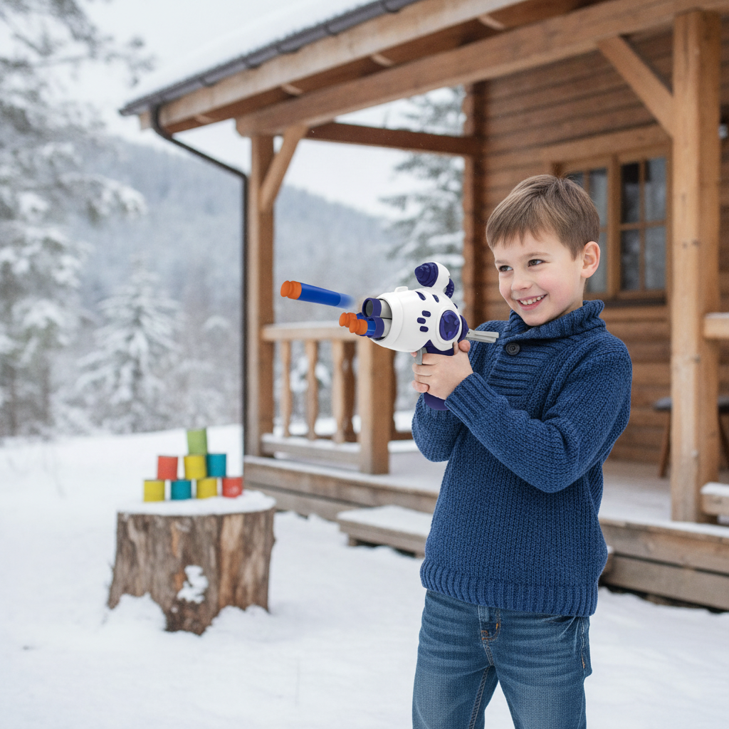 Igračka pištolj koji dečak koristi za gađanje improvizovane mete na terasi vikendice