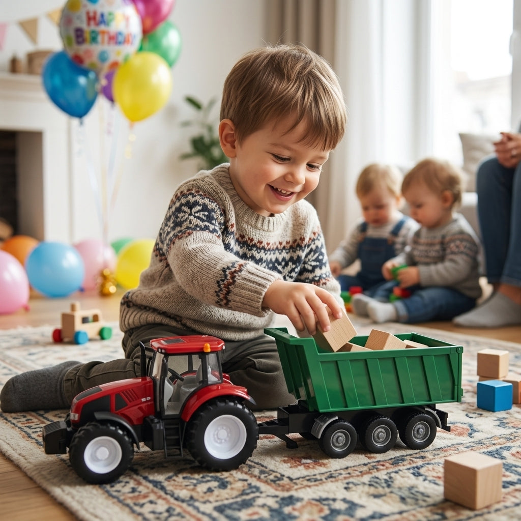 Igračka traktor sa prikolicom u kutiji na tepihu u dnevnoj sobi tokom rođendanske proslave