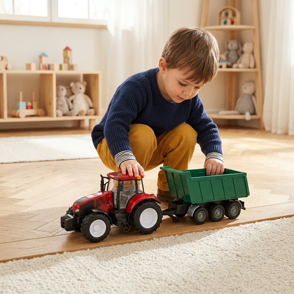 Igračka traktor sa prikolicom u kutiji na parketu dečije sobe dok je dete gura