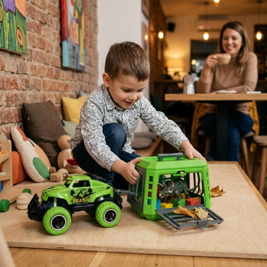 Igračka kamion sa kavezom i triceratopsom u dečijem kutku restorana