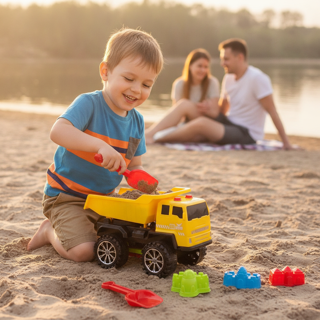 Kamion za plažu 25 cm na obali reke tokom porodičnog izleta