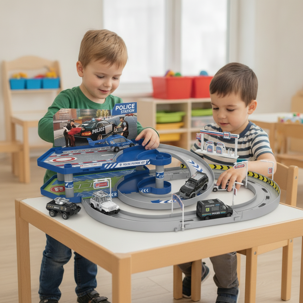Igračka parking set policija na niskom stolu u vrtiću gde se igraju dva dečaka