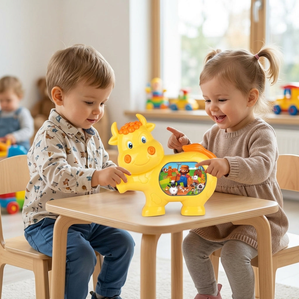 Igračka za bebe kravica na stolu u vrtiću dok se deca zajedno igraju