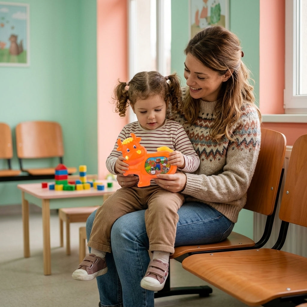 Igračka za bebe kravica u rukama devojčice u čekaonici pedijatra