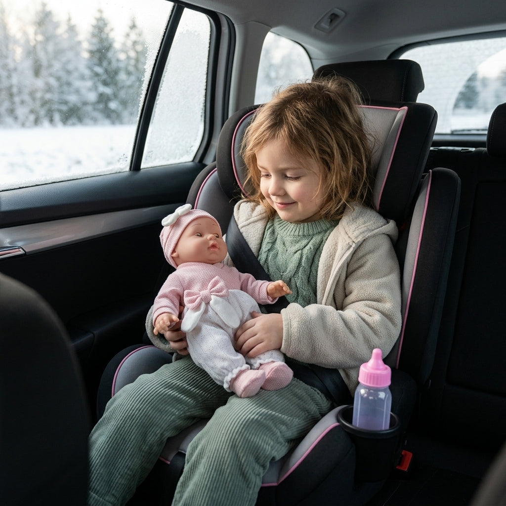 Lutka beba roze sa flašicom u krilu devojčice u auto-sedištu tokom vožnje