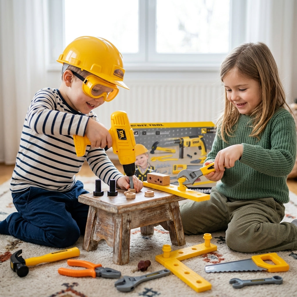 Dečji alat set DIY u koferu – dečaci sa žutim šlemom i bušilicom u bakinoj sobi